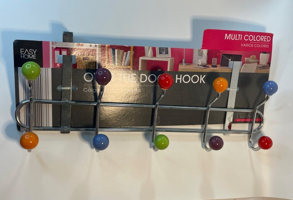 Easy Home Over The Door Hook Rack Hanger 10 Multi Colored Ball Knobs Chrome NEW